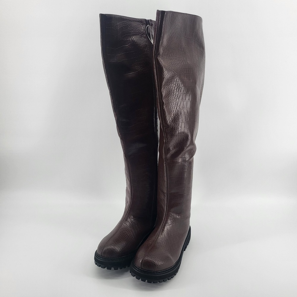Fashion to Figure Wide Calf Thigh High Boots Brown Faux Crocodile  Chuck Heel 7W
